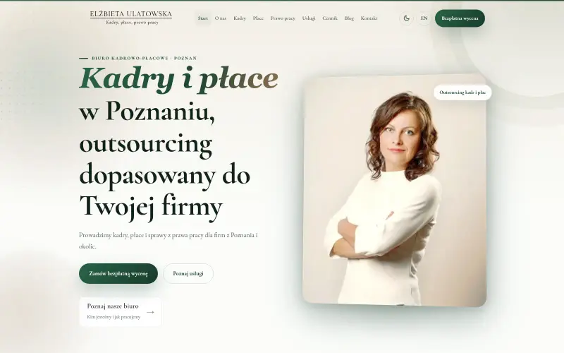 Widok strony internetowej firmy Kadry i płace Poznań - Elżbieta Ulatowska