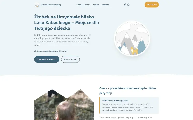 Widok strony internetowej firmy Żłobek Pod Chmurka