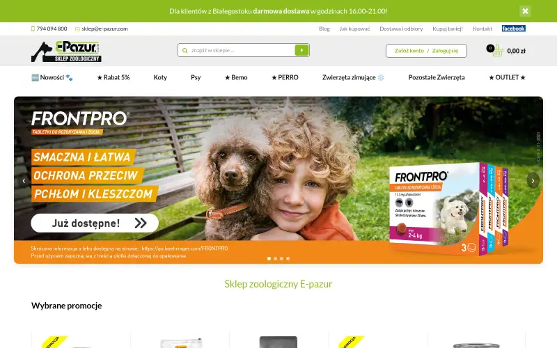 Widok strony internetowej firmy Sklep zoologiczny E-pazur