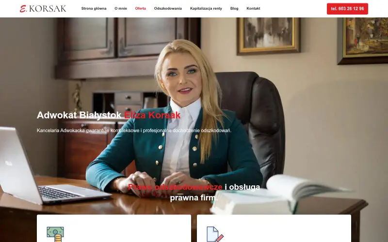 Widok strony internetowej firmy Adwokat Białystok - Eliza Korsak - Prawo odszkodowawcze