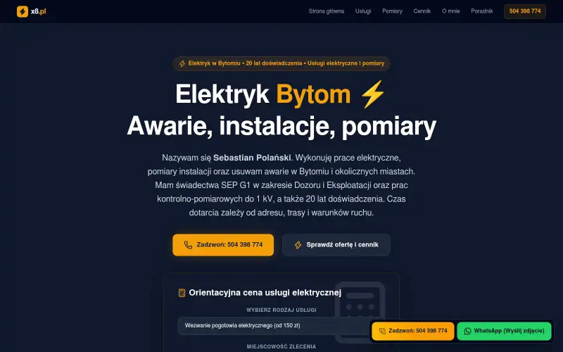 Widok strony internetowej firmy Elektryk Bytom - Sebastian Polański