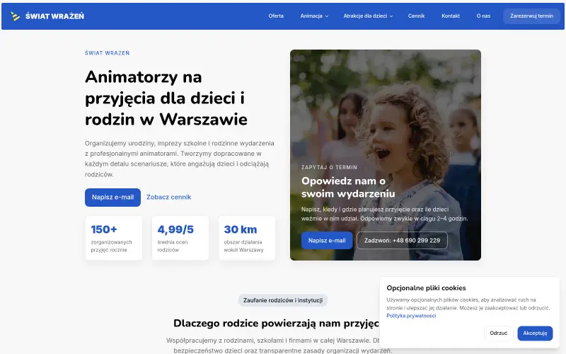 Widok strony internetowej firmy Świat Wrażeń