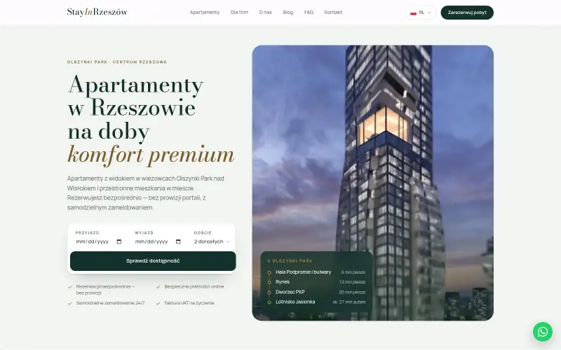 Widok strony internetowej firmy Stay In Rzeszów Olszynki